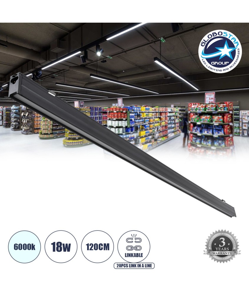 GLOBOSTAR® OFFICE 61023 Μοντέρνο Γραμμικό Επεκτεινόμενο Φωτιστικό Οροφής LED 18W 2230lm 120° AC 220-240V IP20 Ψυχρό Λευκό 6000K - Lumileds SMD Chip - Μαύρο Ματ - Μ120 x Π2 x Υ4cm - 3 Χρόνια Εγγύηση